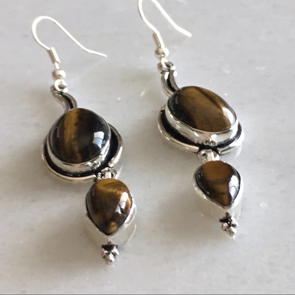 New Tiger’s Eye Gemstone Crystal Dangle Hook Silver Earrings - Picture 8 of 8